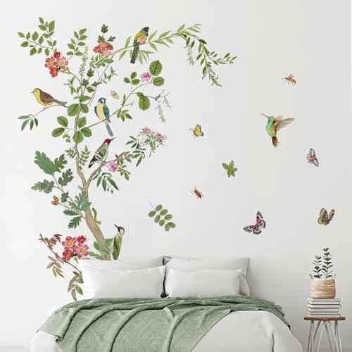 Tree Wall Stickers Branch Bird Wall Decals Green Leaves Flowers Birds Wall Stickers DIY Peel and Stick Waterproof Wall Murals Decor for Living Room Nursery Bedroom (Retro Tree)