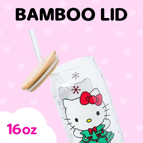 Silver Buffalo Sanrio Hello Kitty Holiday Glass Tumbler with Bamboo Lid and Glass Straw, 16 Ounces