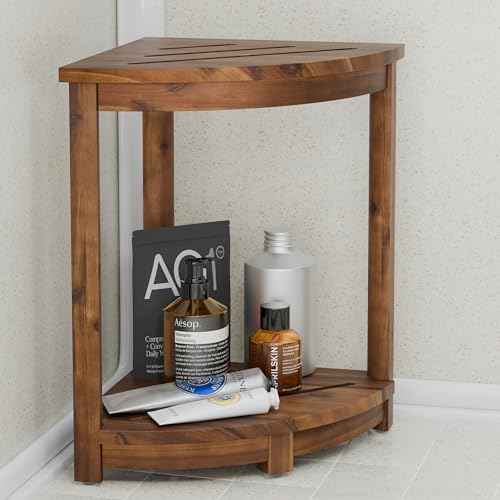 HOLANA 18" Acacia Wood Corner Shower Bench, Corner Shower Stool, Bath Stool with Lower Shelf - Wooden Shower Stool for Inside Shower - Shower Foot Rest, Shower Stands for Inside Shower (Walnut Color)