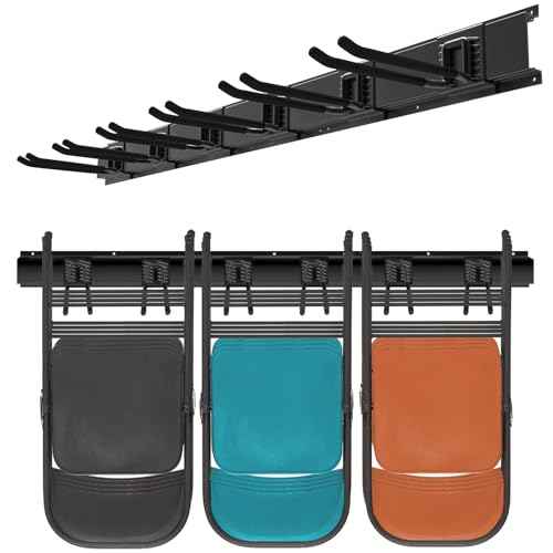 Wall Mount Folding Chair Hangers for Garage, Heavy Duty Garage Organizer Rack with 6 Adjustable Hooks, 48 Inch Tracks, Max Load 450lb, Storage for Rake, Shovel, Ski Tools
