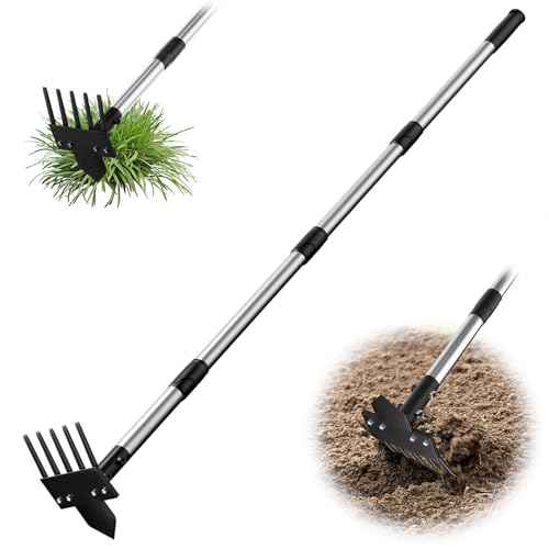 2-in-1 Heavy-Duty Weed Puller Tool with 5-Tine Rake ? 30" to 60" Adjustable Handle, Hoes for Gardening, Hoe Garden Tools for Loosening Soil, Planting, Weeding
