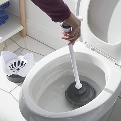 Clorox Toilet Plunger with Hideaway Holder Caddy Heavy-Duty Compact Design with Non-Skid Rubber Base for Bathroom Convenient Storage Toilet Unclogger, 6.5x19.5-Inch, White