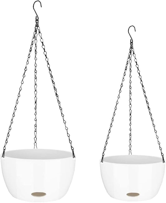 Sungmor Self Watering Hanging Planter for Indoor Plants, 9.4" & 11.2" 2-PACK Large White Plastic Hanging Basket, Garden Flower Pots with Hanging & Standing Design, Thickened Sturdy Drainage Plant Pots