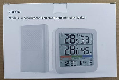VOCOO Wireless Thermometer Indoor Outdoor Hygrometer with 1 Remote Sensors,Digital Humidity Temperature Gauge Meter Monitor with Backlit Clock Min/Max Value, ℉/℃ Air Indicator for Home, Greenhouse