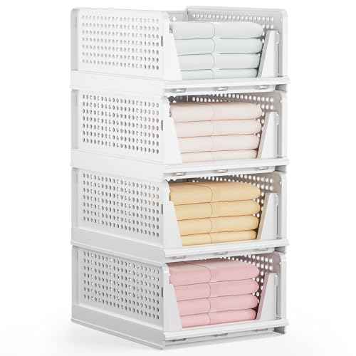 Mavivegue Stackable Storage Drawers,Closet Drawers for Closet Shelf Organizers and Wardrobe,5 Pack Open-Front Plastic Storage Bin for Cupboard,Bedroom, Kitchen, Bathroom, Office (White,5L) (4L)