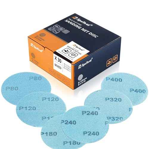 SpeTool 5 Inch Sanding Disc Net Mix-Pack, Grits 80, 120, 180, 240, 320, 400, Ceramic Aluminum Oxide 30 Pieces Mesh Sandpaper, Dustless Hook and Loop Design for Wood, Drywall, Matel Processing