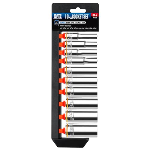 10PCS 1/2¡± Drive Deep Socket Set, SAE (3/8"-15/16"), 6-Point, Cr-V Steel, Chrome Plated Socket With Hanging Bracket, Cover Most Commonly Sizes