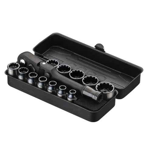 KESI Tool Socket Set 13-Piece, 1/4" Dr Quick Release Ratchet, SAE/Metric, Flex Locking Head Design, 12-piece 1/4" Dr Low Profile Spline, 72 Tooth Ratchet and Compact Paint Metal Case, Multi-function