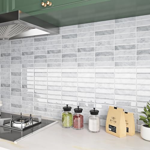 ReWallpaper Marble Peel and Stick Backsplash Waterproof Kitchen Tiles for Wall 12"x12" Removable Grey White Rectangular Subway Tile Self Adhesive Stick on Backsplash for Kitchen Laundry Rooms 3-Sheet