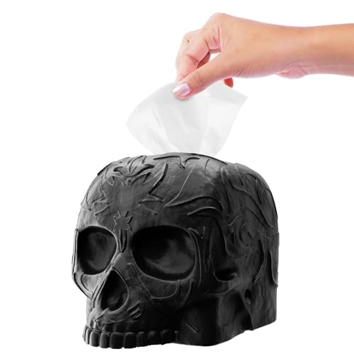 Gothic Skull Tissue Box Cover – Heavyweight Square Tissue Holder – Won’t Move When Pulling a Tissue – Black Home & Bathroom Décor – Home Gift for Women & Men, Goth, Horror, & Halloween Enthusiasts