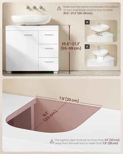 VASAGLE Under Sink Bathroom Cabinet, Storage Cabinet, with 3 Drawers, 2 Compartments Behind the Door, for Washbasins with Pedestal, with Feet, 30 x 70 x 64 cm, Cloud White BBK504W01