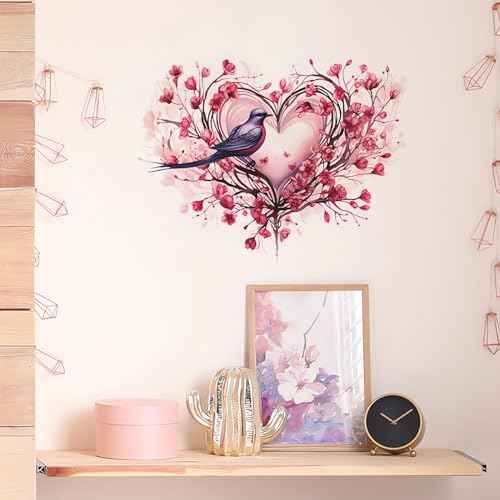 Pink Rose Love Heart Hummingbird Flower Wall Stickers,sacinora Valentine Romantic Love Floral Art Wall Decals Removable Vinyl Peel and Stick for Valentine's Day Wedding Anniversary Living Room Bedroom
