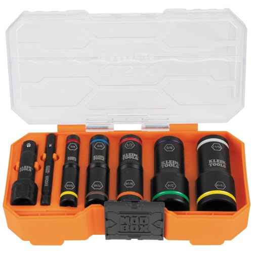 Klein Tools 65618 KNECT Flip-10 SAE Impact Socket Set, Deep Sockets with 5 Color-Coded Flip Sockets, 10 SAE Socket Sizes, 1/4 and 3/8-Inch Adapters and MODbox Case