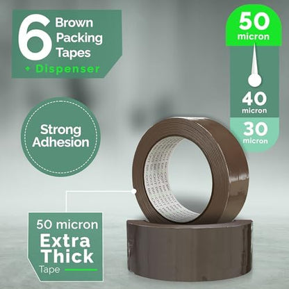 brackit Packing Tape with Dispenser, Brown 48mm x 66m, Pack of 6 Rolls – Strong Heavy Duty Packing Tape for Regular Use or Moving – Easily Seals Your Parcels and Boxes - Packaging Tape Dispenser