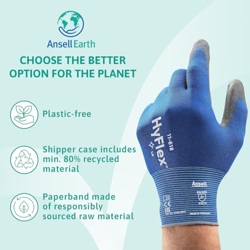 Ansell HyFlex 11-618 Mechanics Gloves, Abrasion-Resistant PU Coating Protective Gloves, Safety Gloves for Precision Handling, Touchscreen Compatible Blue Gloves, Ultra-Thin Work Gloves Large, 12 Pairs