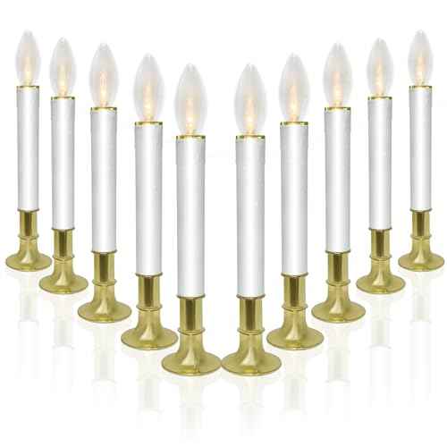 10 Pack Ultra-Bright LED Christmas Window Candles with Brass-Plated Base, Battery Operated Flameless Candles with LED C26 Warm White Bulbs Christmas Window Lights for Holiday Home Wedding Decorations