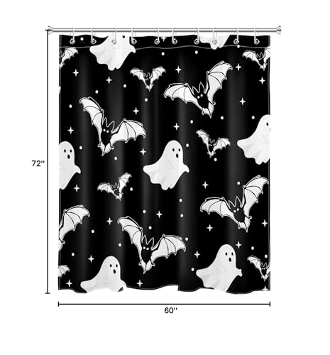 HVEST Halloween Ghost Shower Curtain with Hooks,Spooky White Ghost Bat Stars on Black Shower Curtain for Bathroom Decor Black and White Gothic Shower Curtain Set Halloween Decorations,72L x 60W inches