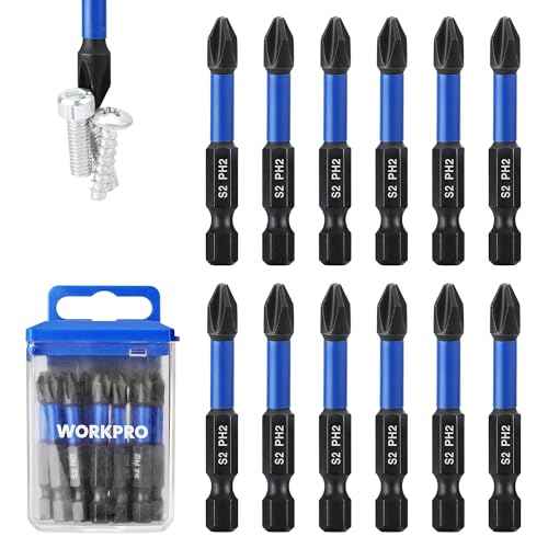 WORKPRO 12pcs PH2 Impact Phillips Screwdriver Bit Set, CNC Machined S2 Steel Tips with Magnetism, 1/4" Hex-Shank Driver Bits, 2" Long Impact Screwdriving Bits with Storage Box
