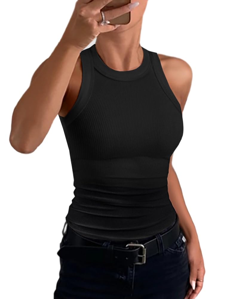 CHICME Womens Sleeveless Tank Top Summer Casual Ribbed Racerback Basic Fitted Thick Strap Black Shirts Top-M