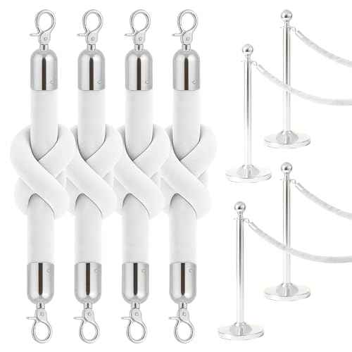 4PCS White Velvet Rope 5FT ? Soft Velvet Ropes with Silver Snap Ends Stanchion Set for VIP Rope Barrier Event Crowd Control