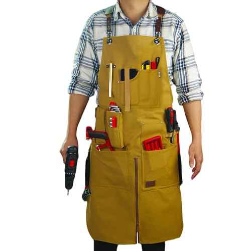Woodworking Apron, Tool Apron, Canvas, Multiple Pockets, Adjustable Zipper, Metal Ring, Tape Measure Clip, Plus Size, Khaki.