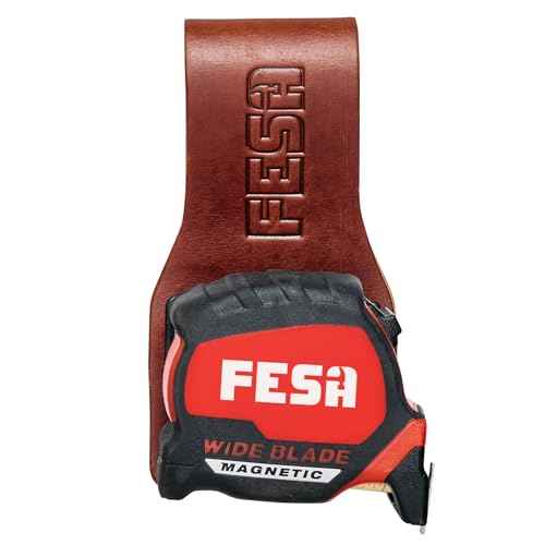 FESA Leather Tape Measure Holder for Belt with Steel Clip & Reinforced Heavy Duty Rivets - Leather Drill Holder for Tool Belts up to 3" Wide - Handcrafted