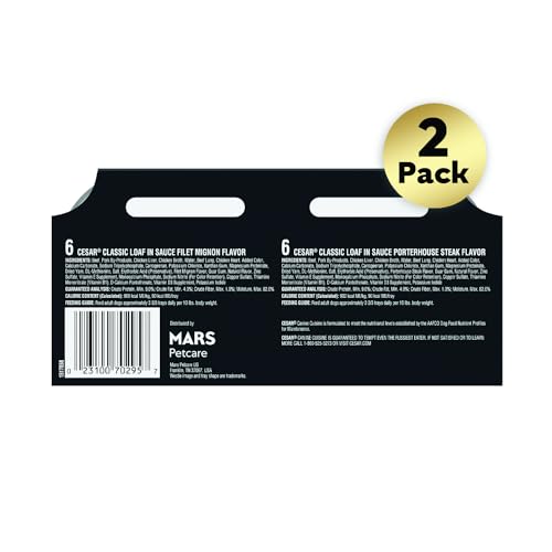 Cesar Wet Dog Food Classic Loaf in Sauce Filet Mignon and Porterhouse Steak Flavors Variety Pack, 3.5 oz. Easy Peel Trays (12 Count, Pack of 2)