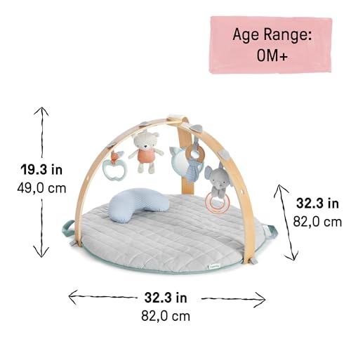 Ingenuity, Cosy Spot Reversible Duvet Activity Gym and Padded Play Mat with Wooden Removable Toy Bar, 6 Detachable Toys, Foldable for Easy Transport, Neutral Design - Loamy, Ages Newborn +