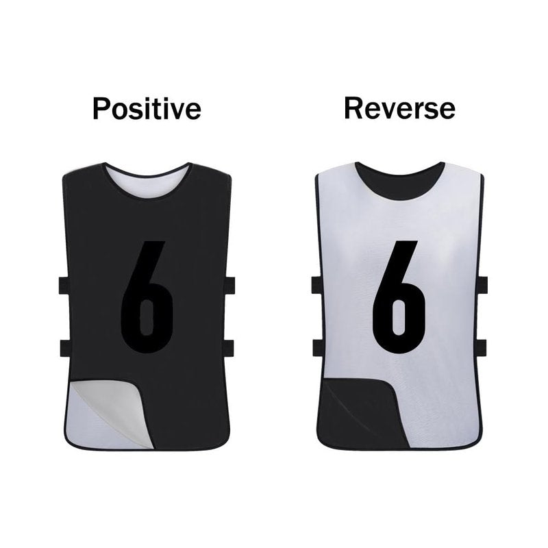 Saaifuu 12 Pack Reversible Numbered Pinnies, Double Sided Scrimmage Vest,Team Practice Jerseys for Kids and Adult(White/Black, L)