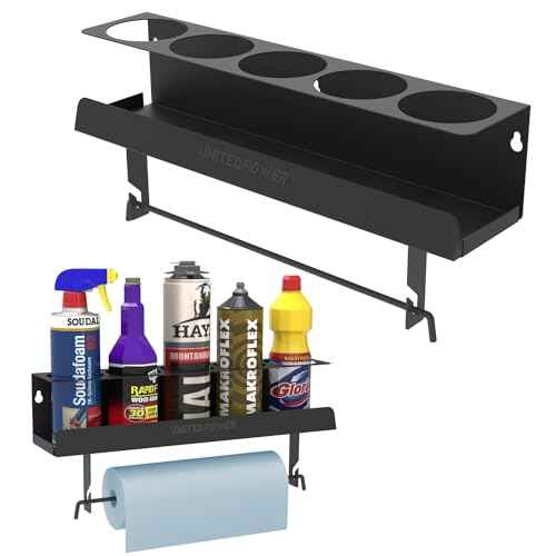 UNITEDPOWER 5 Aerosol Spray Can/Paper Towel Holder, Paint Bottle Storage Rack, Steel Wall Mount Shelf, Tool Organizer for Garage, Craft Workspace and Home