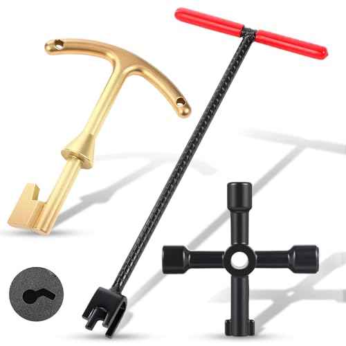 Water Meter Key 16 Inch Enforced Steel Wrench T-handle with 4-way Multi-functional Universal Cross Key Brass Water Meter Box Tool for Curb Main, Underground Stop, Waste Valves (Red, Gold)