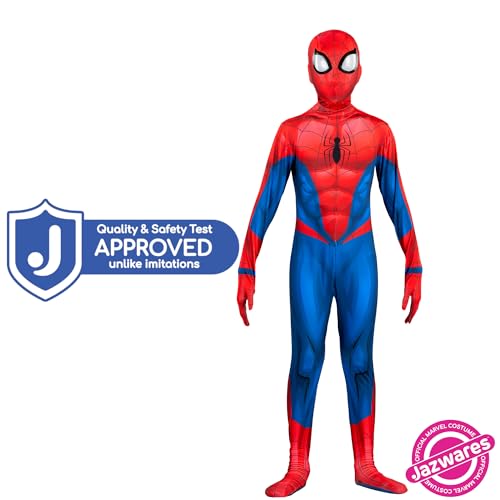 Marvel Spider-Man Official Youth Deluxe Zentai Costume - Deluxe Two-Way Stretch Spandex with Invisible Zippers and Wrist Openings for Added Convenience (M) Multi