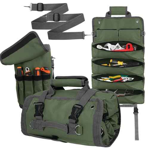 Heavy Duty Tool Roll Bag Organizer with Detachable Pouches, Gift for Men, Father's Day, For Mechanic, Electrician, Plumber, Carpenter (GREEN)