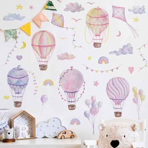 Large Hot Air Balloon Wall Decals Stars Clouds Balloon Vinyl Wall Stickers Colorful Kites Rainbow Wall Art Stickers for Kids Baby Nursery Bedroom