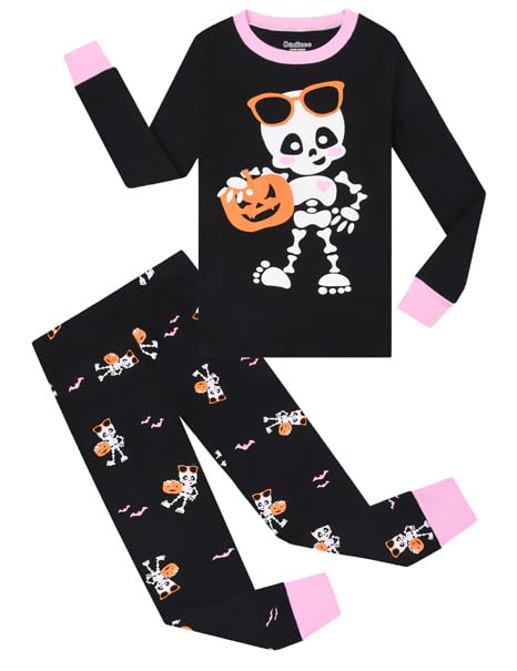 Benaive Halloween Pajamas for Girls Glow In Dark Holiday Pjs for Girl Cotton Pajama Sets 2 Pieces Kids Sleepwear Long Sleeves Size 10
