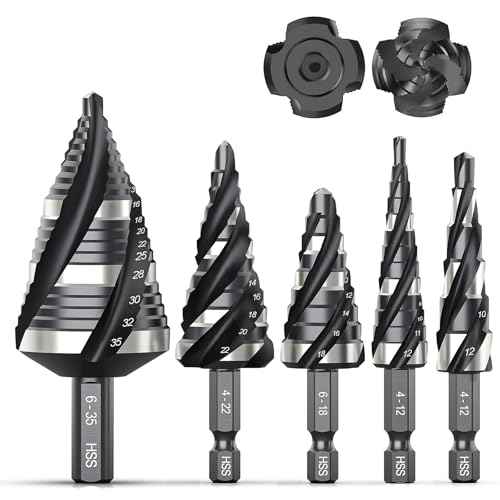 THINKWORK Four Spiral Flute Step Drill Bit Set (Metric), 5 Pcs HSS Step Drill Bits (4mm-35mm) Unibit Step Drill Bit, 6mm and 10mm Shank Step Bits for Aluminum, Wood, Plastic, Metal
