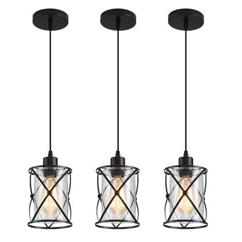 3-Lights Industrial Pendant Light with Glass Shade Matte Black Pendant Lighting Adjustable Industrial Retro Style Hanging Light Fixture for Kitchen, Farmhouse