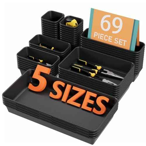 69PCS Large Plastic Interlocking Drawer Organizer, 5 Sizes Versatile Desk Drawer Organizer Trays, Drawer Dividers, Organization and Storage Bins for Tools,Office,Jewelries,Kitchen Utensils and Makeup