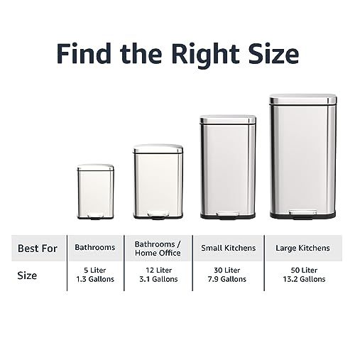 Amazon Basics Smudge Resistant Rectangular Trash Can With Soft-Close Foot Pedal, Brushed Stainless Steel, 50 Liter/13.2 Gallon, Satin Nickel Finish, 16.7"L x 14.7"W x 25.9"H