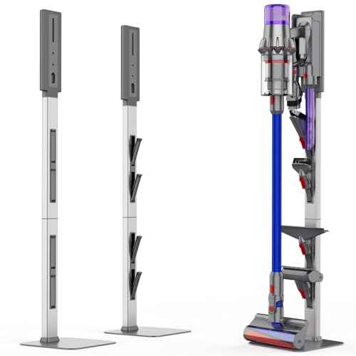 Vacuum Stand for Dyson with Foldable Storage Hooks and Heavy-Duty Carbon Steel Base, No Drill Installation, Space-Saving Organizer for All Dyson Cordless Vacuums & Accessories