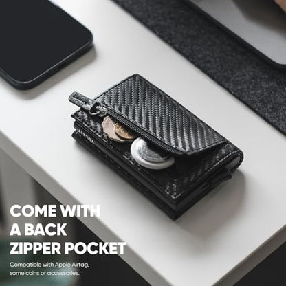 VULKIT Credit Card Holder RFID Blocking Leather Bifold Mens Wallet Automatic Pop Up with Banknote Compartment (Carbonfiber)