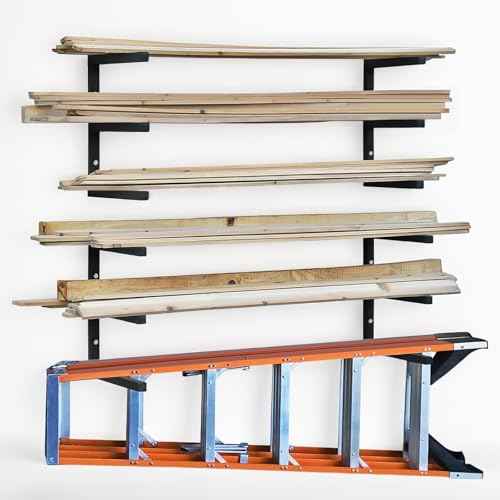 Wood Storage Racks with 3 Level, Garage Organizer Lumber Storage Rack Wall Mounted, Workshop Organizers Wood Wall Shelving, Lumber Metal Racks for Garage, Basement, Indoor and Outdoor (Black-4 Pack)