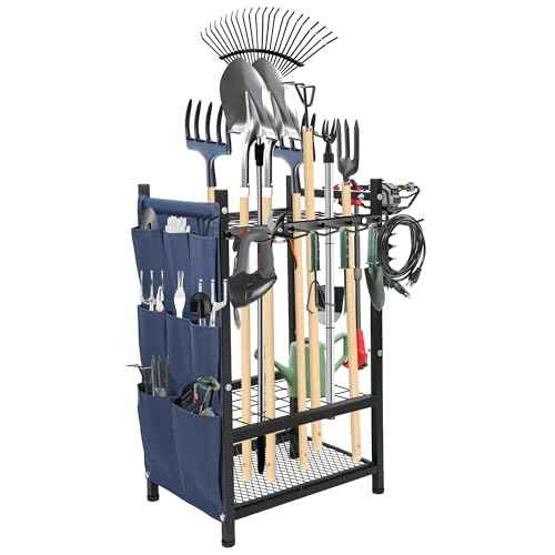 Garden Tool Rack Freestanding, Heavy Duty Garden Tool Organizer, 3-tier Tool Rack, Multifunctional Yard Tool Storage with Hooks and Storage pockets for Outdoor Long-Handled Broom Shovel Rake