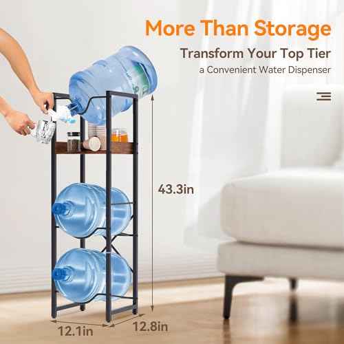 5 Gallon Water Bottle Jug Holder, Water Jug Stand with 55mm Water Dispenser Valve, Heavy Duty Water Bottle Storage Rack with Wooden Storage Tier for Kitchen, Home and Office