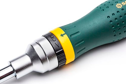 SATA ST09350 19-in-1 Multipurpose Ratcheting Screwdriver Set with 8 Double-Sided Bits and a Green and Yellow Oil-Resistant Handle