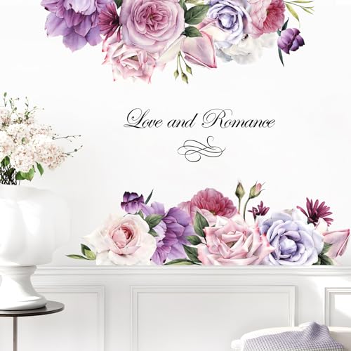 Supzone Purple Rose Peony Wall Stickers Large Flower Bouquet Blossom Wall Decals Self-Adhesive Love Theme Wall Art Decals for Valentine's Day Living Room Bedroom Door Furniture Sofa TV Backdrop Decor