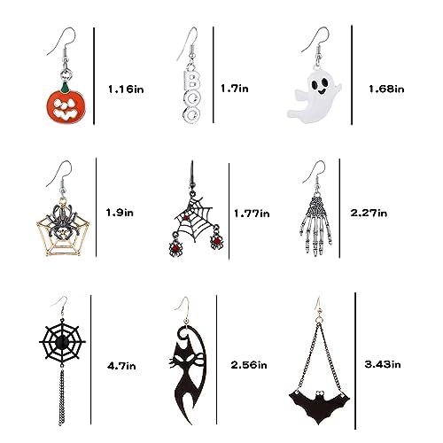 9Pairs Halloween Earrings for Women Skeleton Spider Pumpkin Ghost Bat Dangle Earrings Set Gothic Jewelry Halloween Accessories Costumes Woman 2025 Party Favors