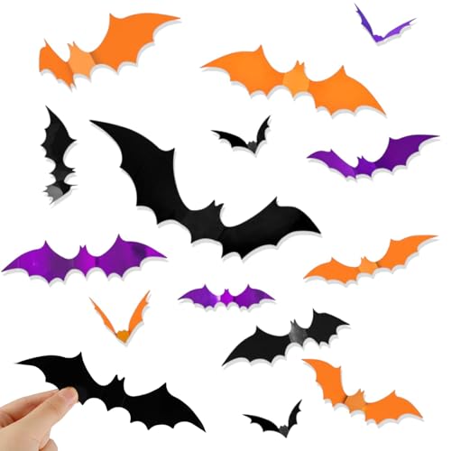 72Pcs Halloween Bats Decoration Stickers, Black Orange Purple 3D Bat Wall Decor 4 Sizes Realistic PVC Bats Wall Stickers for Home Decor Outdoor DIY Wall Decals Indoor, Outdoor Halloween Party Supplies