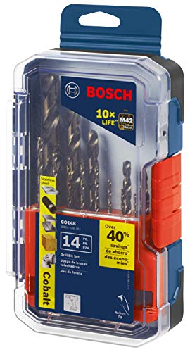 BOSCH CO14B 14-Piece Assorted Set with Included Case - Cobalt M42 Metal Drill Bits with Three-Flat Shank for Drilling Applications in Stainless Steel, Cast Iron, Titanium, and Light-Gauge Metal