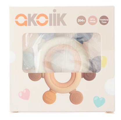 akolik Teething Toys for Babies, Baby Teethers Toy Teething Ring Silicone, Grasping Teething Toy, BPA Free Teething Newborn Accessories for Baby 0 3 6 9 12 18 Months (Pink)